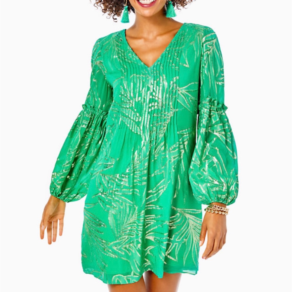 Lilly Pulitzer Cleme Silk  Dress Green Botanical Palm Leaf Size 12